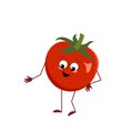 Cute tomato character with joy emotions, smiling face, happy eyes, arms and legs. A mischievous red vegetable hero with