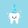 Cute tooth in birthday party hat boy isolated on background. Royalty Free Stock Photo