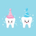 Cute tooth in birthday party hats boy and girl vector set isolated on background. Royalty Free Stock Photo