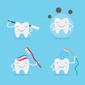 Cute tooth, brushing, protection - dental flat vector set Royalty Free Stock Photo