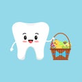 Cute tooth with easter backet with eggs and chick dental icon isolated on background. Royalty Free Stock Photo