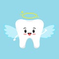 Cute tooth emoji angel isolated on blue background.