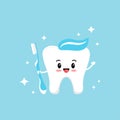 Cute tooth emoji with blue toothbrush paste on head and sparkles.