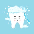 Cute tooth emoji in foam brushing himself with toothbrush.