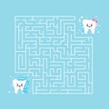 Cute tooth emoji and maze game vector flat illustration.