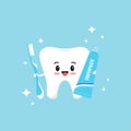 Cute tooth emoji with toothpaste, toothbrush and sparkles.