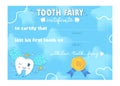 Cute Tooth fairy certificate. Sparkling tooth with wings, crown and magic wand on blue background with stars, and wax