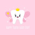 Cute Tooth Fairy with magic wand with star wings gold crown and sparkles isolated on pink background. Royalty Free Stock Photo