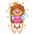 Cute tooth fairy princess fairytale elf character with toothbrush icon. Kid cleaning dental toothpaste. Mouth teeth hygiene vector Royalty Free Stock Photo