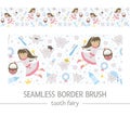 Cute tooth fairy seamless border brush. Kawaii fantasy princess horizontal background with funny smiling toothbrush, baby, molar, Royalty Free Stock Photo