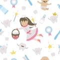 Cute tooth fairy seamless pattern. Kawaii fantasy princess background with funny smiling toothbrush, baby, molar, milk bottle,