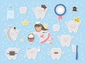 Cute tooth fairy stickers set. Kawaii fantasy princess with funny smiling toothbrush, molar, medal, toothpaste, teeth. Funny Royalty Free Stock Photo