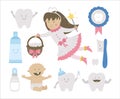 Cute tooth fairy vector set. Kawaii fantasy princess with funny smiling toothbrush, baby, molar, milk bottle, medal, toothpaste, Royalty Free Stock Photo