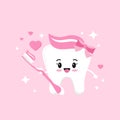 Cute tooth girl in love with pink toothbrush paste with bow hearts and sparkles. Royalty Free Stock Photo