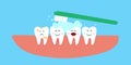 Cute tooth hygiene, cartoon dentistry. Teeth cleaning, kids stomatology hygiene concept. Clean white and dirty tooth