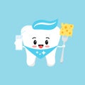 Cute tooth molar with milk and cheese on fork.