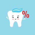 Cute tooth with percent symbol isolated on background.