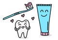 Cute Tooth, toothpaste and toothbrush in Doodle style.Tooth cleaning, brushing. The concept of care for the oral cavity, dentistry