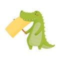 Cute Toothy Crocodile Holding Blank Banner Sign Vector Illustration