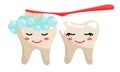 Cute toothy emoticons. They brush their teeth with a toothbrush with foam. Clean, even, joyful teeth with emotions