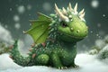 A cute toothy green dragon stands on the snow with its wings spread. Snowing.