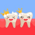 Cute toothy smiling teeth with crowns. Clean, even, joyful teeth with emotions. A girl and a boy and an inscription