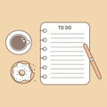 Cute top view vector flat illustration with To Do list notebook with pen, donut and coffee cup