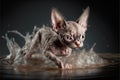 Cute tortie Sphynx kitten playing in water puddle