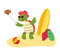 A cute tortoise take a picture on vacation cartoon character isolated flat vector illustration. Hello summertime. Happy vacation o