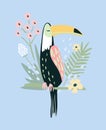 Cute toucan, flowers and leaves. Tropical summer background. Royalty Free Stock Photo