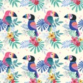 Cute toucans bird with with tropical flowers seamless pattern