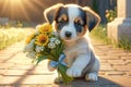 Cute touching puppy asks for forgiveness and gives flowers