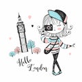 Cute tourist girl with a camera in London. Vector
