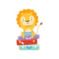 Cute tourist lion sitting on suitcases, animal cartoon character travelling on summer vacation vector Illustration on a