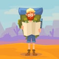 Cute tourist male character holding a map. Hiking tourist man with large backpack in the background of a mountain landscape. Vecto Royalty Free Stock Photo