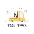 Cute tow truck and lettering-cool truck. Funny transport. Cartoon vector illustration in simple childish hand-drawn