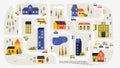 Cute town map. Children street plan with buildings and trees, cute village landscape with houses and cars. Vector