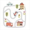 Cute town map. Hand drawn vector illustration for nursery