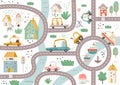 Cute Town Map. Play Mat for Kids. Cityscape with Cartoon Houses, Cars, Buildings School, Bank, Hotel, Cafe and City Road. Vector