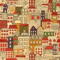 Cute town seamless pattern. Vintage background for textile, wallpaper, packaging. Freehand doodle drawing. Vector illustration