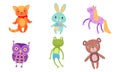 Cute Toy Animals Collection, Owl, Frog, Bear, Cat, Bunny, Horse Vector Illustration