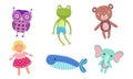 Cute Toy Animals Collection, Owl, Frog, Bear, Doll, Whale, Elephant Vector Illustration