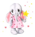 Cute toy baby elephant in a dress stands with a star in his hand, drawn with colored pencils Royalty Free Stock Photo