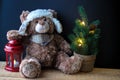 Cute toy bear holding a paw on a red lantern on a black background. In the frame, you can see a small Christmas tree with Royalty Free Stock Photo