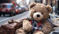 Cute toy bear sitting outdoors, enjoying winter journey with child generated by AI