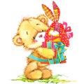 Cute toy bear and toy bunny illustration