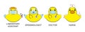 Cute toy ducks in role of different medical workers, in protective masks. Nurse, doctor. Kids design elements. Vector