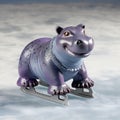 Cute toy lilac hippo with a smile in skate on ice Royalty Free Stock Photo