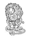 Cute toy lion sitting on gears. Kids coloring book. Drawing and meditation for children and adults. Luxury ornate animal for print