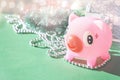 Cute toy Pink Piggy with festive tinsel garland